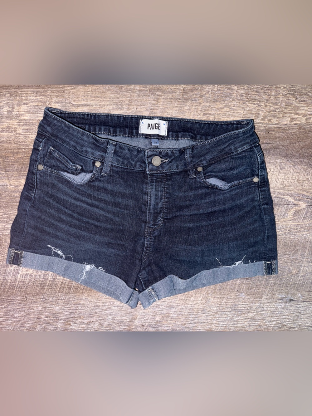 PAIGE Black Rolled Cuff Denim Shorts